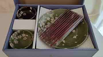 未使用品☆ 前畑陶器 竹久夢二 夢雅 蓋付 煎茶揃 5客セット 桜柄 木